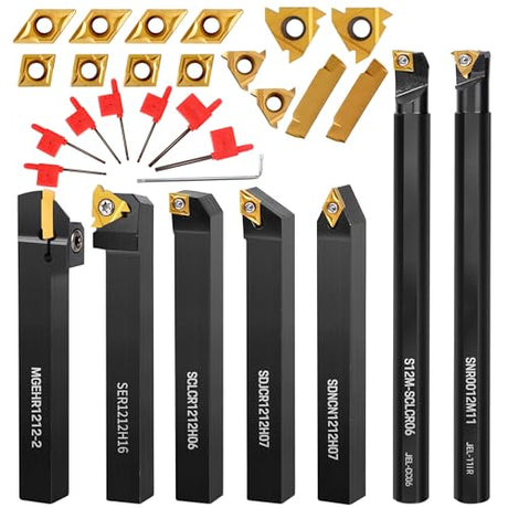 Metal Lathe Cutting Tools - 7PCS 1/2" Turning Holder Boring Bars with 14pcs Indexable Carbide Inserts CCMT060204 DCMT070204 11IR 16ER MGMN200-G IWONGO