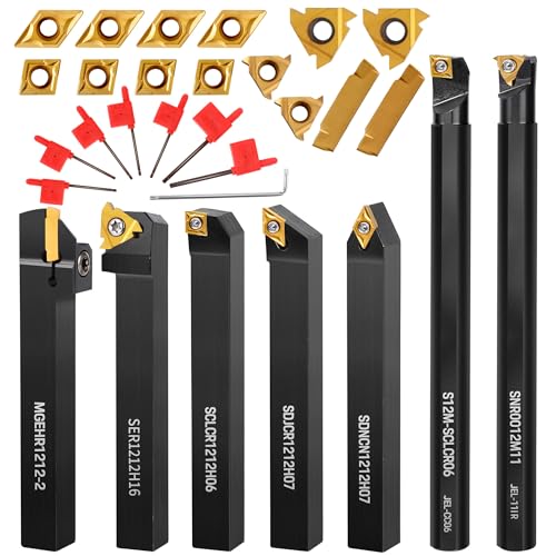 Metal Lathe Cutting Tools - 7PCS 1/2" Turning Holder Boring Bars with 14pcs Indexable Carbide Inserts CCMT060204 DCMT070204 11IR 16ER MGMN200-G - WoodArtSupply