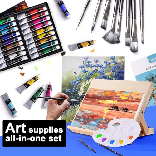 koseibal Art Paint Set with 18 Acrylic Paints, 8 Brushes, 4 Stretched Canvas, 1Wooden Easel, Etc, Premium Painting Supplies Kit for Students, Artists