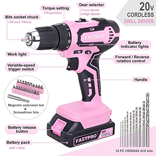 FASTPRO Pink Drill Set—20V Max Lithium-ion Cordless Drill Driver Set, 3/8 in. Drill Driver kit with One 1.5 Ah Batteries, Charger and Tool Bag - WoodArtSupply