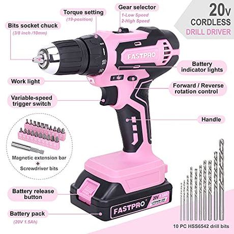 FASTPRO Pink Drill Set—20V Max Lithium-ion Cordless Drill Driver Set, 3/8 in. Drill Driver kit with One 1.5 Ah Batteries, Charger and Tool Bag FASTPRO