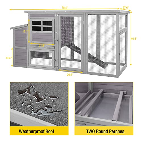 Aivituvin 78in Large Wooden Chicken Coop Outdoor Poultry Cage, Chicken House Hen Coop w/Ramps, Run, Nesting Box (Grey) Aivituvin