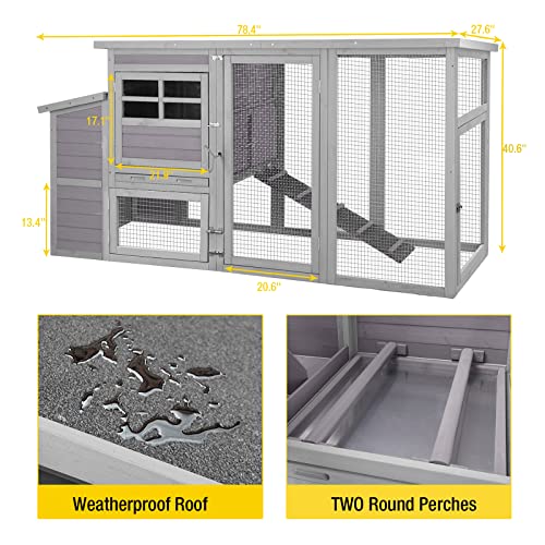 Aivituvin 78in Large Wooden Chicken Coop Outdoor Poultry Cage, Chicken House Hen Coop w/Ramps, Run, Nesting Box (Grey) - WoodArtSupply