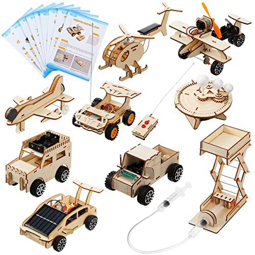 9 in 1 STEM Kits, Wooden Car Model Kit for Boys to Build, Science Experiment Projects for Age 12+, 3D Wood Puzzle, Science Educational Craft DIY