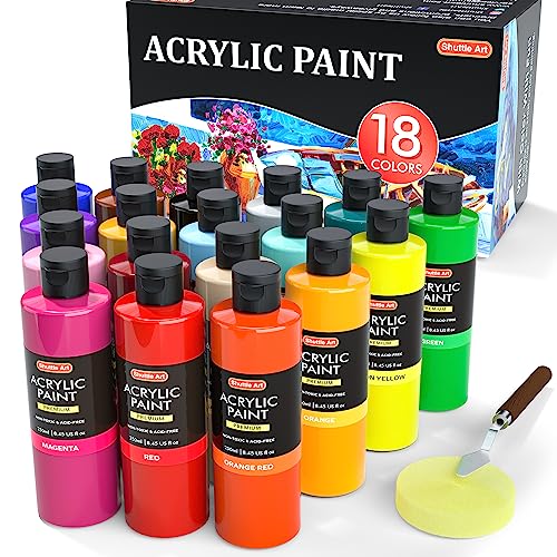 Shuttle Art 18 Colors Acrylic Paint Bottle Set (250ml/8.45oz), Rich Pigmented Bulk Painting Supplies for Artists, Beginners and Kids on Rocks Crafts