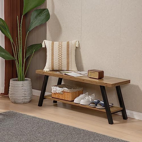 SUNTAGE Entryway Bench, Farmhouse Indoor Entry Way Shoe Benches Seat, Industrial Metal Shoe Storage Bench Organizer for Living Room, Bedroom, Hallway SUNTAGE