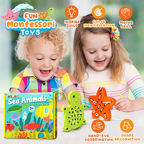 KLT Wooden Lacing Threading Toys for Toddlers Fine Motor Skills, 1 Turtle 1 Starfish Car Airplane Toddler Travel Toys, Wood Puzzle Educational Gifts KLT