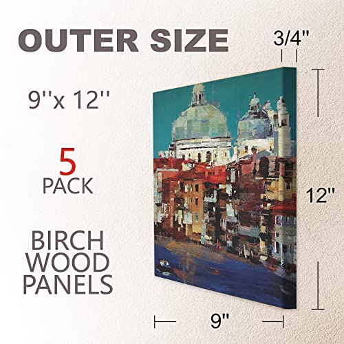 Unfinished Birch Wood Boards Canvas for Painting, 5 Packs 3/4’’ Deep Cupohus 9’’ x 12’’ Wooden Cradled Panels for Pouring Art, Crfats, Paints and