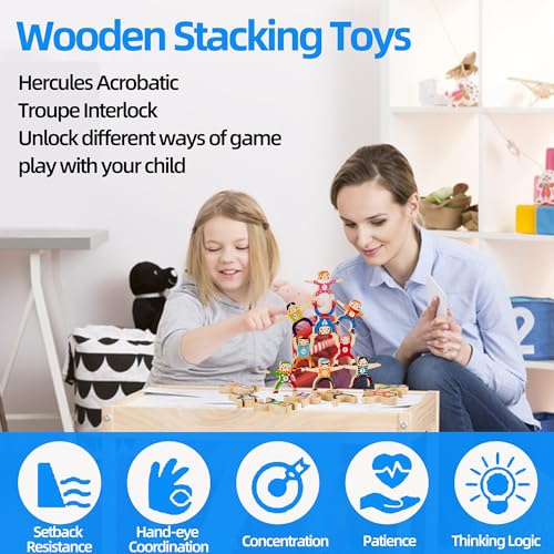 Wooden Stacking Toys,16Pcs Circus Hercules Acrobatic Troupe Interlock Toy,Balancing Building Blocks Game Toddler Puzzle Toys,for 3 4 5 6 Years Old - WoodArtSupply