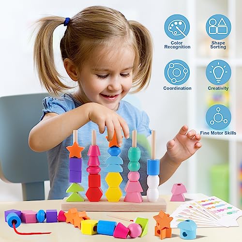Toddler Montessori Toys Wooden Beads Sequencing Toy Set, Stacking Blocks, Matching Shapes, Lacing Beads, Shape Sorter Toys for 2 3 4 5 Year Old Boys