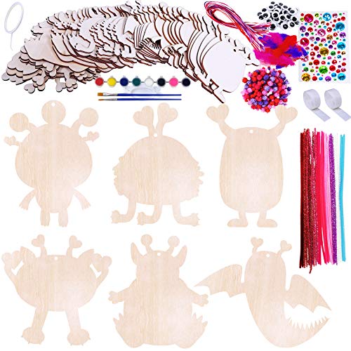 36 Sets Valentine's Day Craft Kits DIY Valentine Monster Wood Ornaments Decorations Art Sets Assorted Paintable Unfinished Wood Monster Cutouts