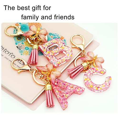 TTYY Initial Letter Keychain for Women Gift for Young Teenage Girl Gifts for Christmas to Mom Daughter Pink tassel (pink snow LetterE) TTYY