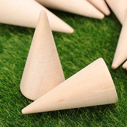 EXCEART 10pcs Wood Craft Cone DIY Wooden Cone Unpainted Wood Cone Ornament to Paint Wood Cone Ring Holder Jewelry Display Stand 2.5x5cm