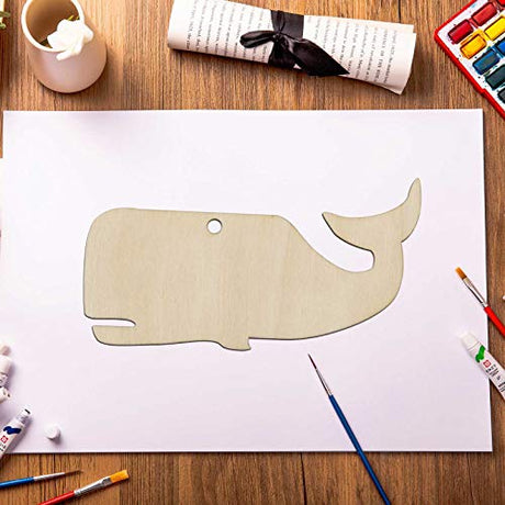 JANOU 20pcs Whale Shaped Wood Cutouts DIY Craft Unfinished Wooden Gift Tags with Ropes DIY Projects Embellishments Ornaments Decoration, 3.94x2 Inch JANOU
