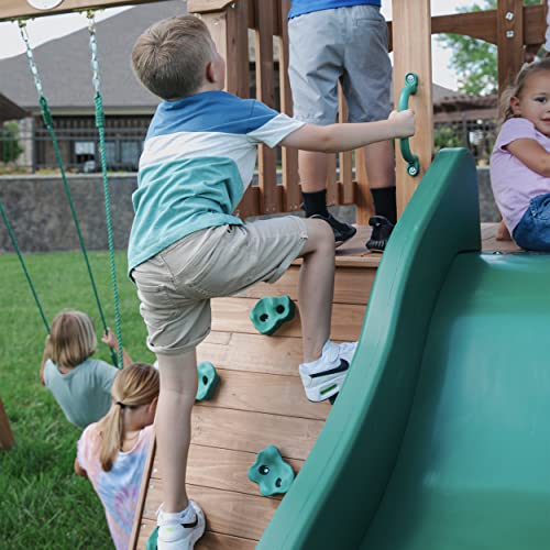 Backyard Discovery Lightning Ridge All Cedar Wooden Swing Set, Raised Clubhouse, 2 Belt Swings, 10 Inch Wave Slide, Ladder, Climbing Rock Wall Brown - WoodArtSupply