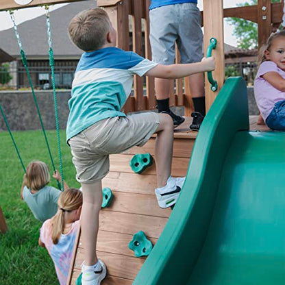 Backyard Discovery Lightning Ridge All Cedar Wooden Swing Set, Raised Clubhouse, 2 Belt Swings, 10 Inch Wave Slide, Ladder, Climbing Rock Wall Brown - WoodArtSupply