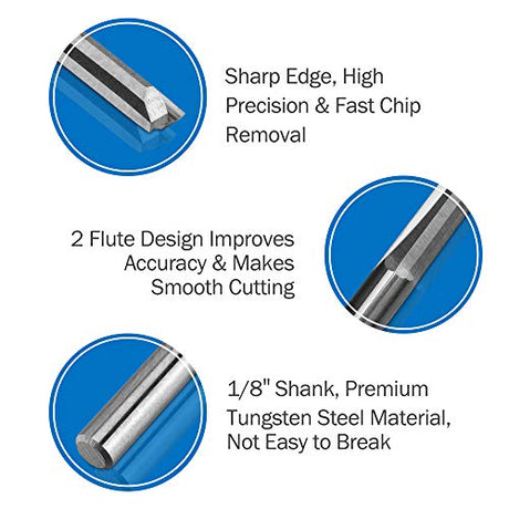 HQMaster CNC Router Bits 1/8 Router Bit Straight Router Bit 1 8 Shank Straight Flute End Mill Cutter 2-Flute Milling Cutting Tungsten Steel 22mm HQMaster