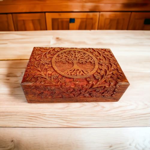 Ajuny Handcarved Wooden Decorative Treasure Chest Box Tree Pattern - Multipurpose Use As Jewelry Storage, Watch Box, Great for Gifts - Brown, 8X5