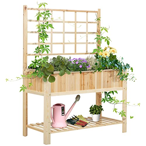 Outsunny 47'' Wooden Raised Garden Bed with Trellis, Coutryside Style Elevated Planter Box Stand with Open Storage Shelf, Spacious Planting Area for
