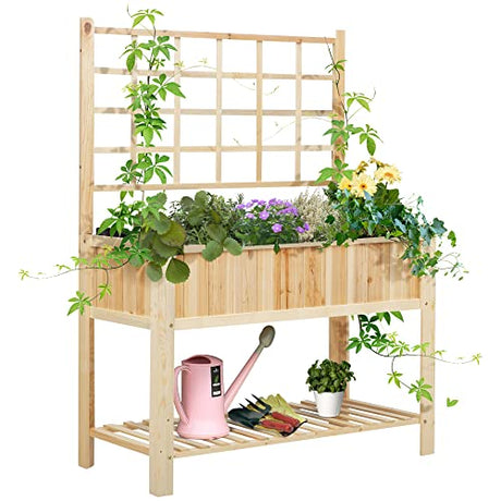 Outsunny 47'' Wooden Raised Garden Bed with Trellis, Coutryside Style Elevated Planter Box Stand with Open Storage Shelf, Spacious Planting Area for Outsunny