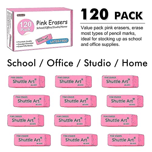 Shuttle Art Pencils and Erasers Bundle, Set of 180 Pack Assorted Colorful Pencils + 120 Pack Pink Erasers Bulk Shuttle Art