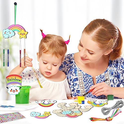 TREACLUB 12 Pack DIY Wind Chime Kits for Kids, Make Your Own Rainow Wind Chime DIY Coloring Star Moon Sun Make A Wind Chime Kits Wooden Arts and TREACLUB