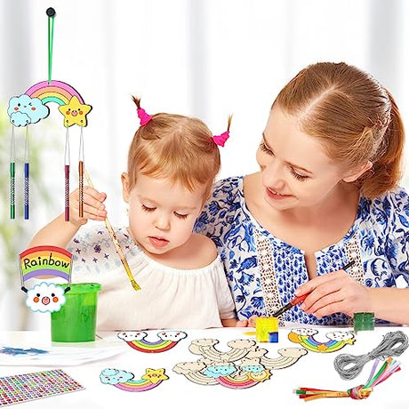 TREACLUB 12 Pack DIY Wind Chime Kits for Kids, Make Your Own Rainow Wind Chime DIY Coloring Star Moon Sun Make A Wind Chime Kits Wooden Arts and TREACLUB