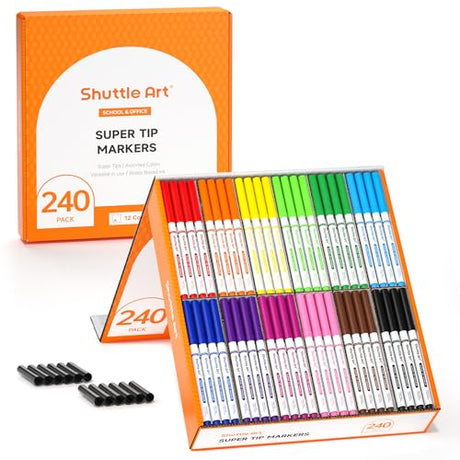 Shuttle Art 240 Pack Washable Super Tips Markers, 12 Assorted Colors Conical Tip Large Markers Bulk with a Box, Bonus Caps, Home Classroom School Shuttle Art