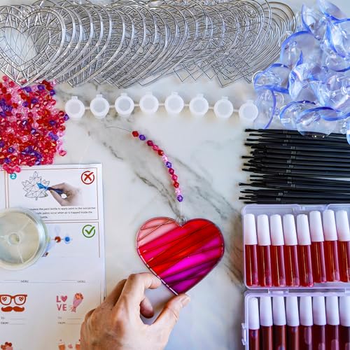 Winlyn 24 Sets Heart Suncatchers Ornaments Decorations DIY Window Paint Art Stickers Craft Kits Heart Sun Catchers for Kids Valentine's Day Classroom