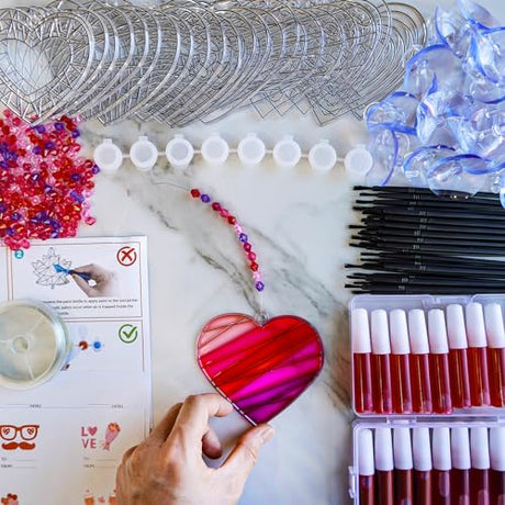 Winlyn 24 Sets Heart Suncatchers Ornaments Decorations DIY Window Paint Art Stickers Craft Kits Heart Sun Catchers for Kids Valentine's Day Classroom Winlyn