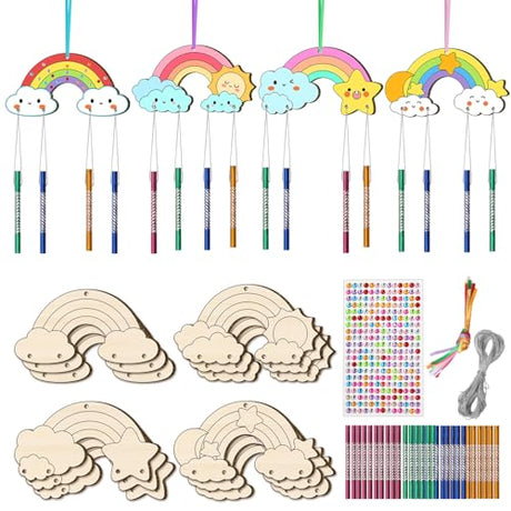 TREACLUB 12 Pack DIY Wind Chime Kits for Kids, Make Your Own Rainow Wind Chime DIY Coloring Star Moon Sun Make A Wind Chime Kits Wooden Arts and TREACLUB