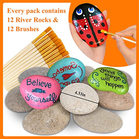 12 Pcs Extra Large Rocks for Painting, 4-5 Inch River Rocks Painting Stones Smooth Flat Rocks with 12PCS Paint Brushes for Painting, Natural Rocks to WhistenFla