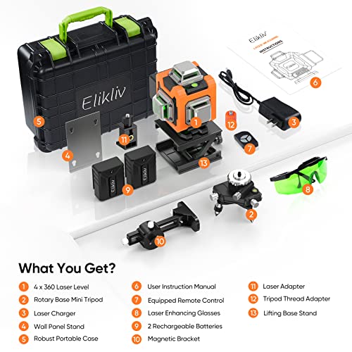 Laser Level, Elikliv 4D Laser Level 360 Self Leveling, 200Ft Green Laser Level Lines Tool, 4x360° Cross Line Laser for Construction and Picture Elikliv