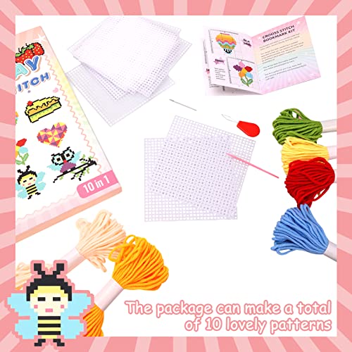 Pllieay Kids 10-in-1 Cross Stitch Beginner Kit for Kids, Includes Instruction of 10 Different Patterns, 10 Blank Plastic Canvas for Needlework, and Pllieay