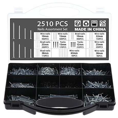OCR 2510Pcs Hardware Nails Assortment Kit, Galvanized Nails Set with Storage Case - Including Brad Head, Flat Head & Studs for DIY, Craft, Masonry, OCR