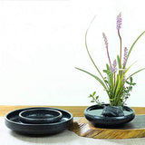 WANDIC Ikebana Flower Vase, Japanese Round Shallow Pottery Ikebana Vase Kit with 4cm Kenzan Flower Frog for Floral Arrangement Home Decoration, Black WANDIC