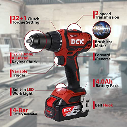 DCK Brushless Cordless Drill Set, 20V Max Electric Drill with 4.0Ah Battery 531in.lbs, 1/2Inch Keyless All-Metal Chuck, 2 Variable Speeds, Power