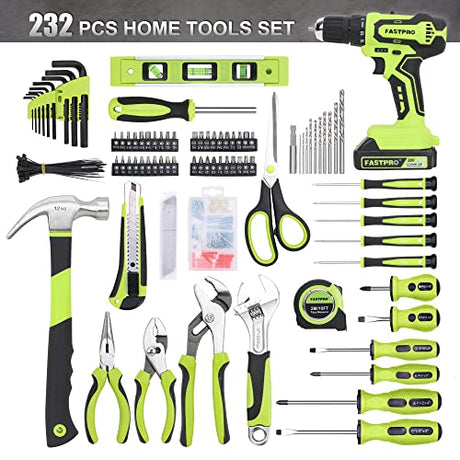FASTPRO 232-Piece 20V Cordless Lithium-ion Drill Driver and Home Tool Set, Household Repairing Tool Kit with Drill, 12-Inch Wide Mouth Open Storage FASTPRO