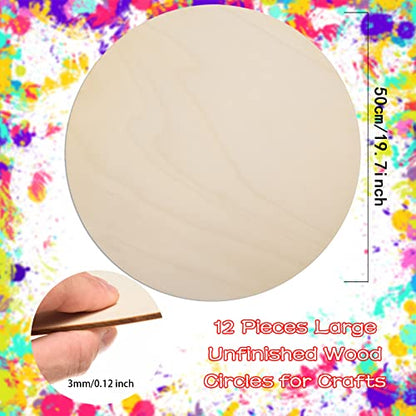 12 Pack 20 Inch Round Wood Circles for Crafts Unfinished Wood Circles Natural Round Wood Discs Blank Round Wood Signs Cutouts for Door Hangers, Door