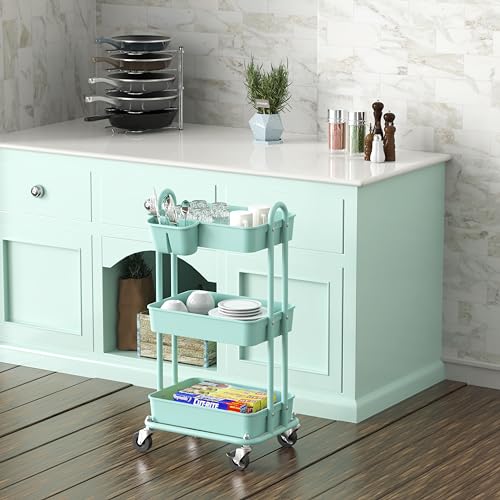 Simple Houseware 3-Tier Multifunctional Rolling Utility Cart with 2 dividers and Hanging Bucket, Turquoise Simple Houseware