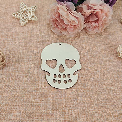 Creaides 20pcs Halloween Skull Wood DIY Crafts Cutouts Wooden Skull Shaped Hanging Ornaments with Hole Hemp Ropes Gift Tags for DIY Projects