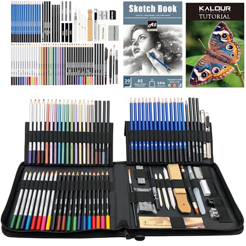 KALOUR 82 Pack Drawing Sketching Kit, Pro Art Supplies with Sketchbook, Include Tutorial,Colored, Graphite, Charcoal, Watercolor,Metallic & Pastel - WoodArtSupply