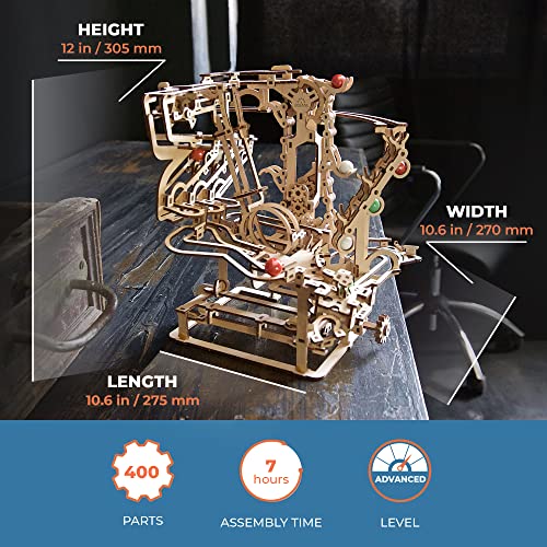 UGEARS Marble Run Chain Hoist - Engaging 3D Wooden Puzzle with Rubber Band Motor UGEARS