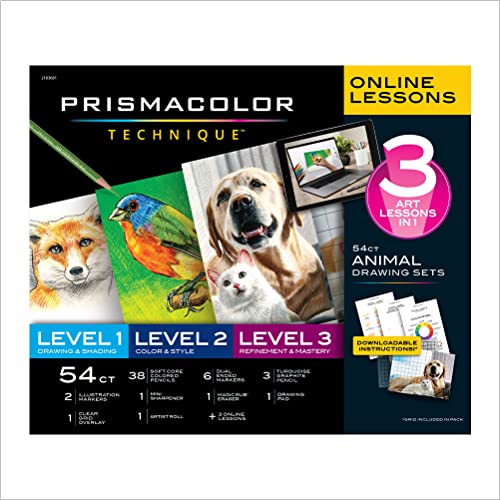 Prismacolor Technique, Art Supplies and Digital Art Lessons, Animal Drawing Set Bundle, Levels 1-3, 54 Count Prismacolor