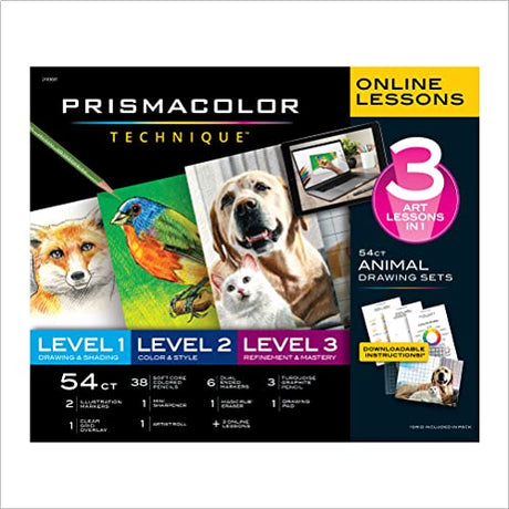 Prismacolor Technique, Art Supplies and Digital Art Lessons, Animal Drawing Set Bundle, Levels 1-3, 54 Count Prismacolor