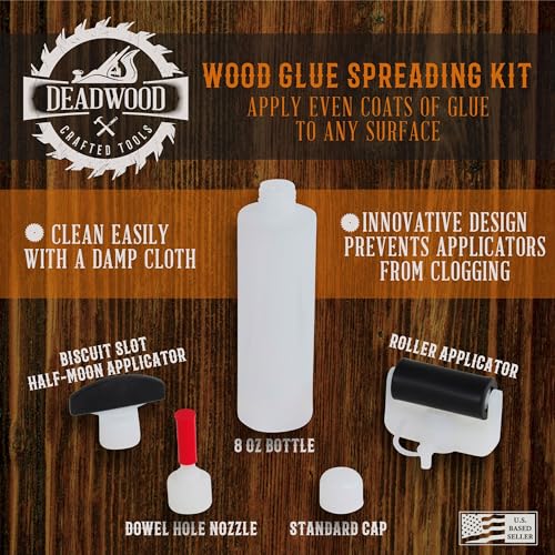 DCT Wood Glue Spreading Woodworking Kit – 8 oz Ounce Bottle, Roller Applicator, Dowel Hole Nozzle, Biscuit Slot Tip - WoodArtSupply