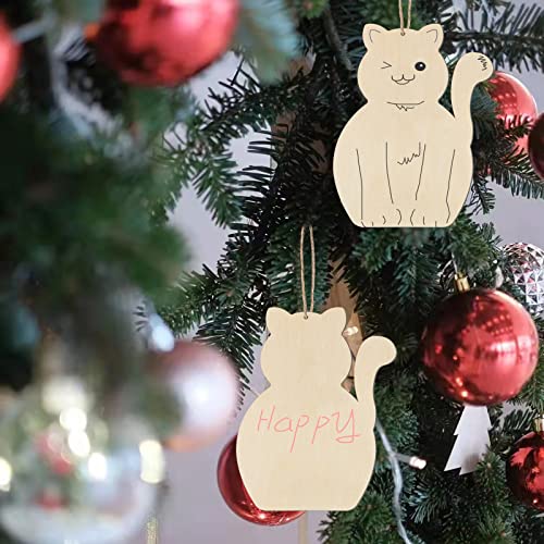 Cat Shape Wooden Blank Wood with Twines Art Unfinished Ornaments for Christmas Wedding Birthday Party Christmas Thanksgiving Day Decoration 20Pcs