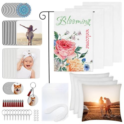 Ainiv 89PCS Sublimation Blanks Products Set, Sublimation Blank Car Coaster, Keychain with Tassel, Pillow Covers, Garden Flags, Air Freshener Sheets
