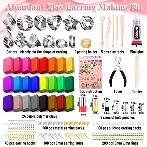 Polymer Clay Earring Making Kit- 30 Clay Earring Cutters, 24 Color Polymer Clay, 8 Circle Cutters, Rollers, B7000 Glue, 640 PCS Earring Making Tools Lucomb