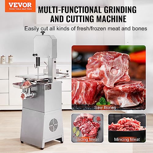 VEVOR Commercial Electric Meat Bandsaw, 850W Vertical Bone Sawing Machine, Stainless Steel 23.6" x 18.3" Workbench, Frozen Meat Cutter with 2 Blades, VEVOR
